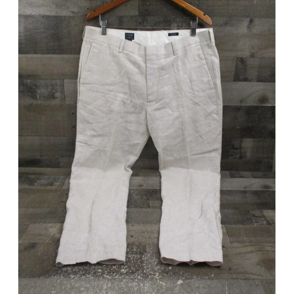 J Crew Thompson Pants Mens 36x32 Beige Tapered 100% Linen Dress Slacks Formal
